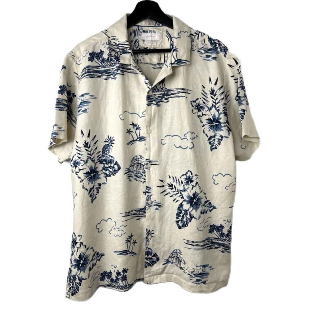 Porter & Ash 100% Linen Short Sleeve Leisure Shirt Men’s XL Cream Tropical Print